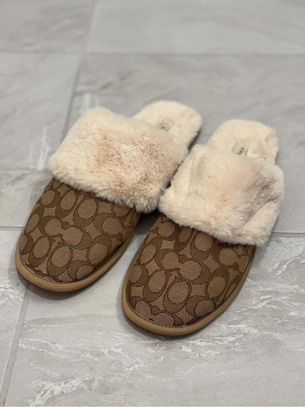 Coach Brown Signature Slippers Faux Fur Clog Mule Cozy Y2K